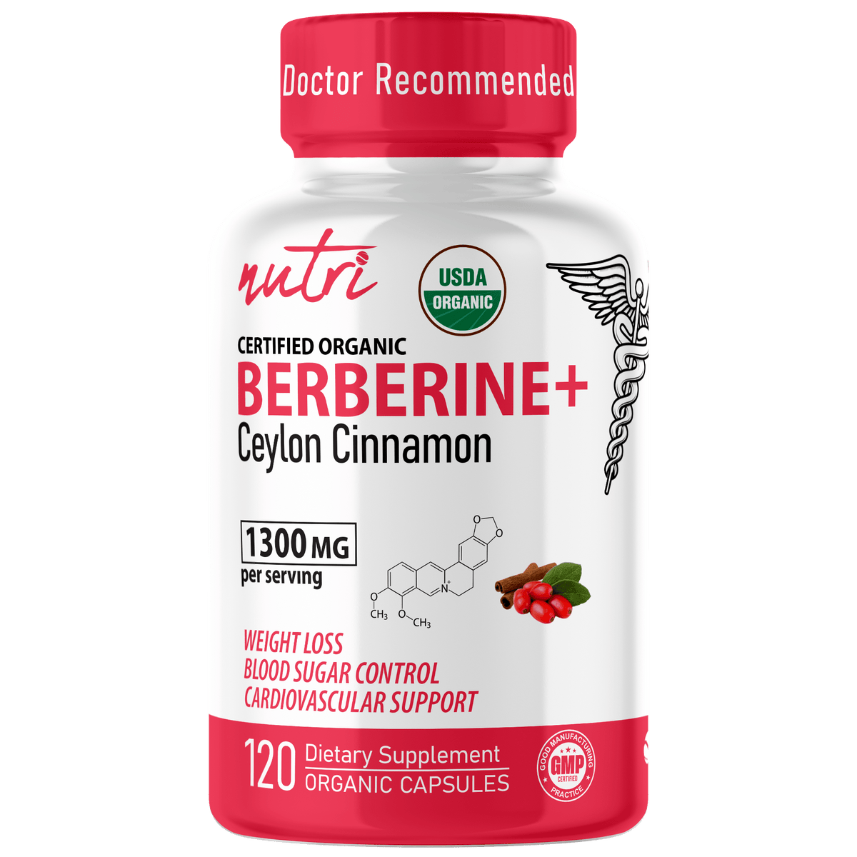 Nutri Berberine+ Organic with Cinnamon Ceylon 1300 mg - 120 Count