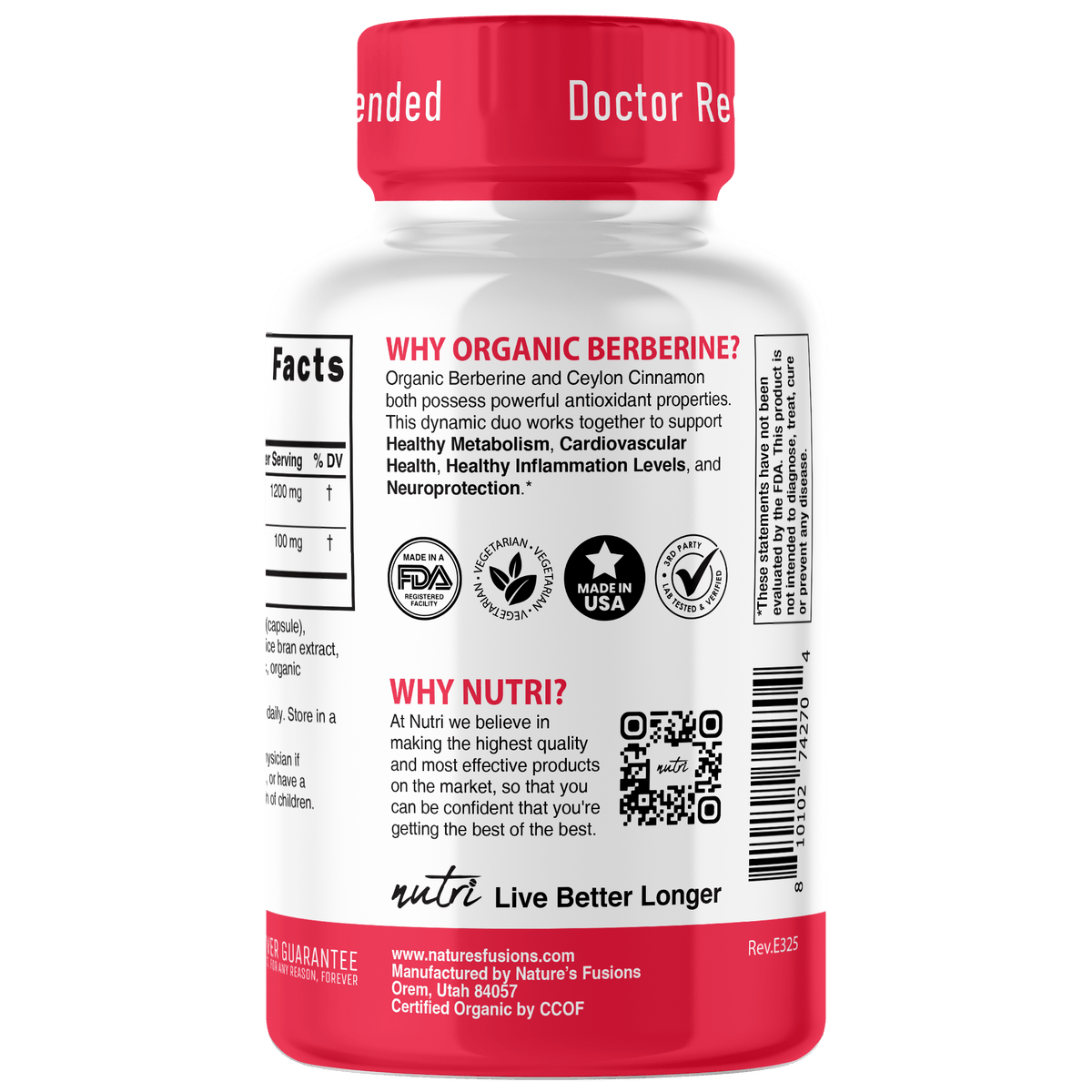 Nutri Berberine+ Organic with Cinnamon Ceylon 1300 mg - 120 Count