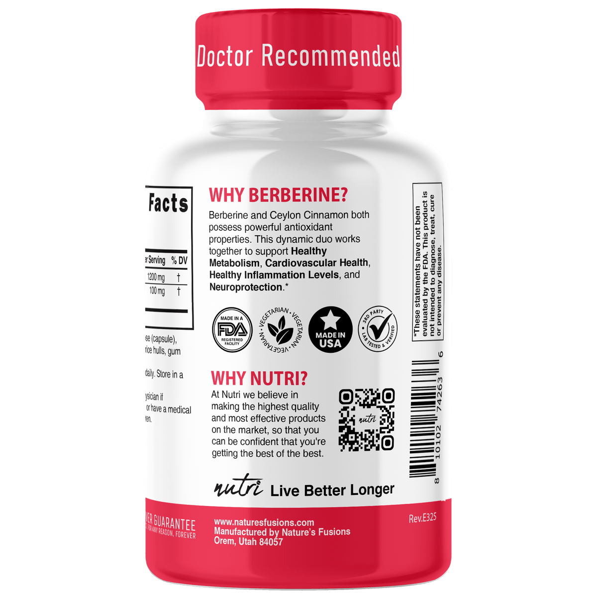 Nutri Berberine+ with Cinnamon Ceylon 1300 mg - 120 Count