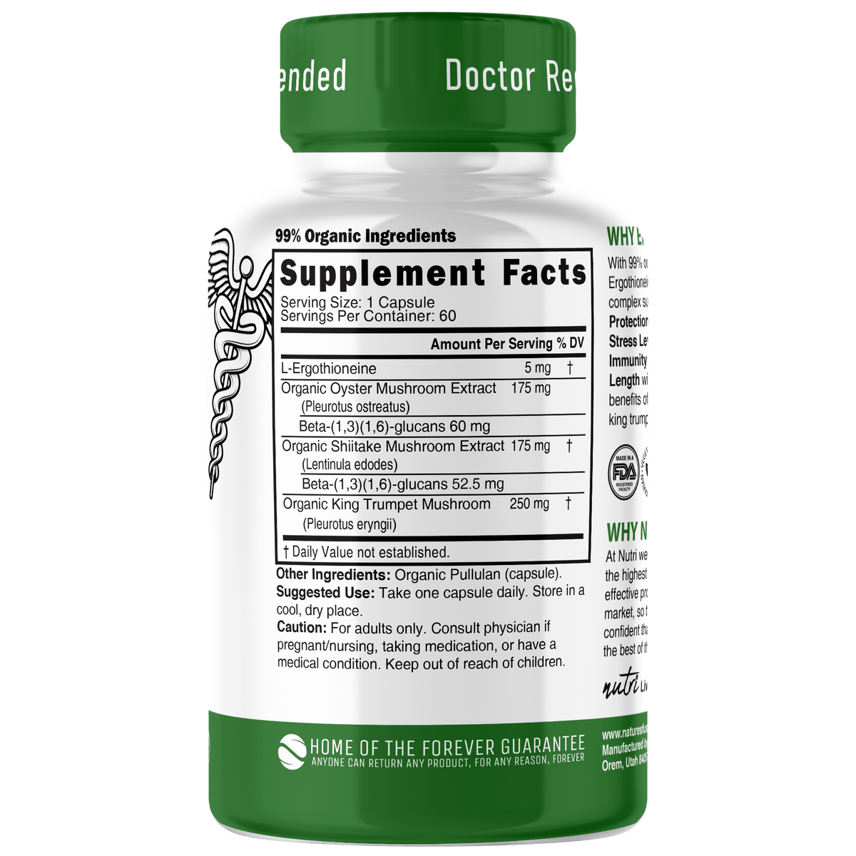 Nutri Ergothioneine Mushroom Complex 5/600 mg - 99% Organic Ingredients - 60 Count