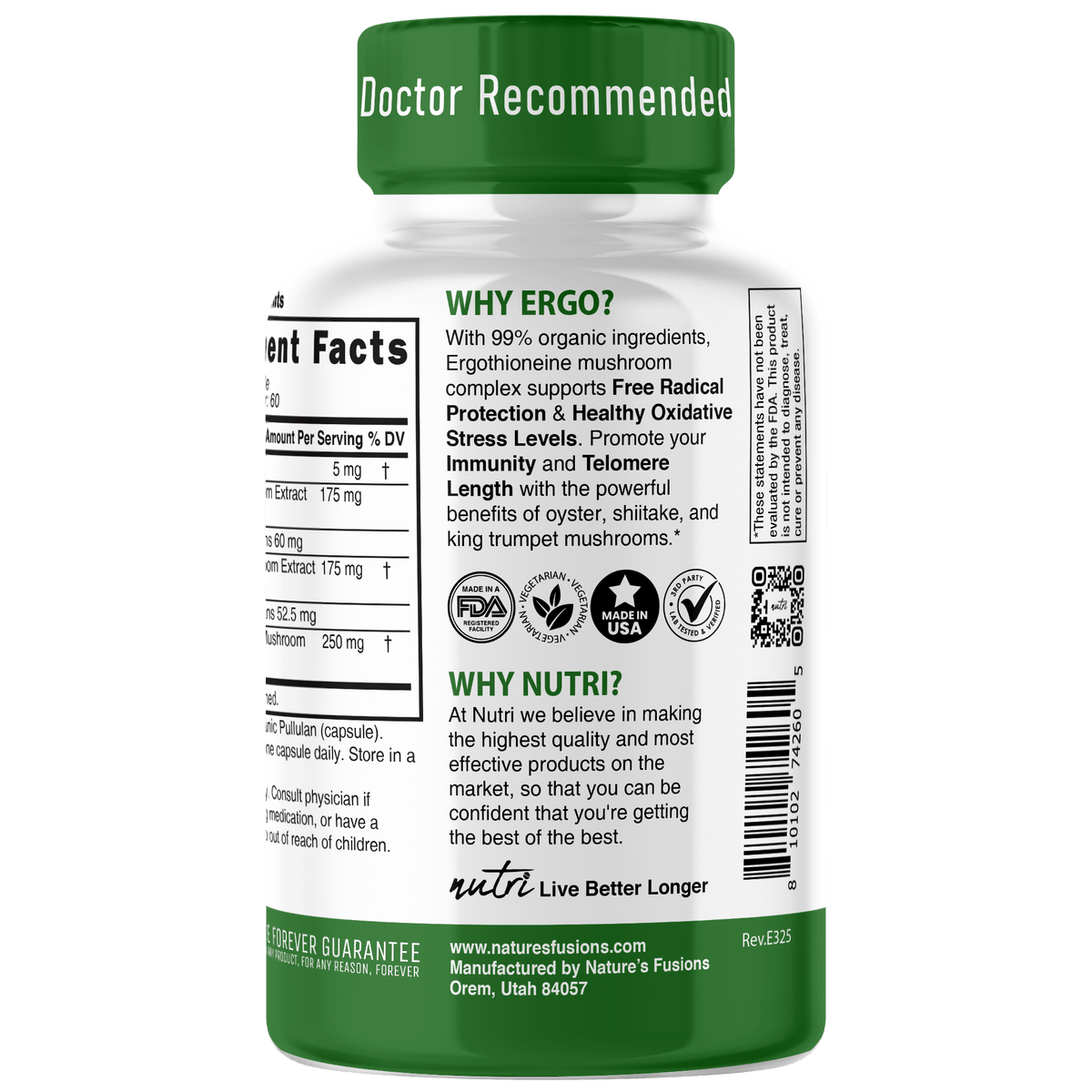 Nutri Ergothioneine Mushroom Complex 5/600 mg - 99% Organic Ingredients - 60 Count