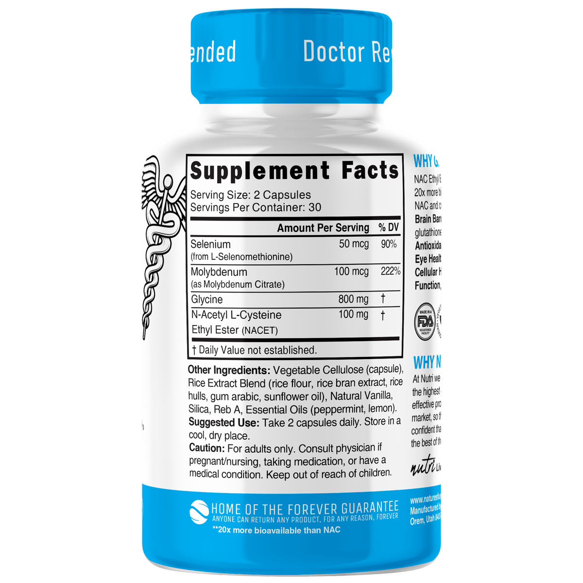 Nutri GlyNACET 100 mg (Glycine w/ NAC Ethyl Ester, molybdenum & selenium) 800/100 mg - 60 Count