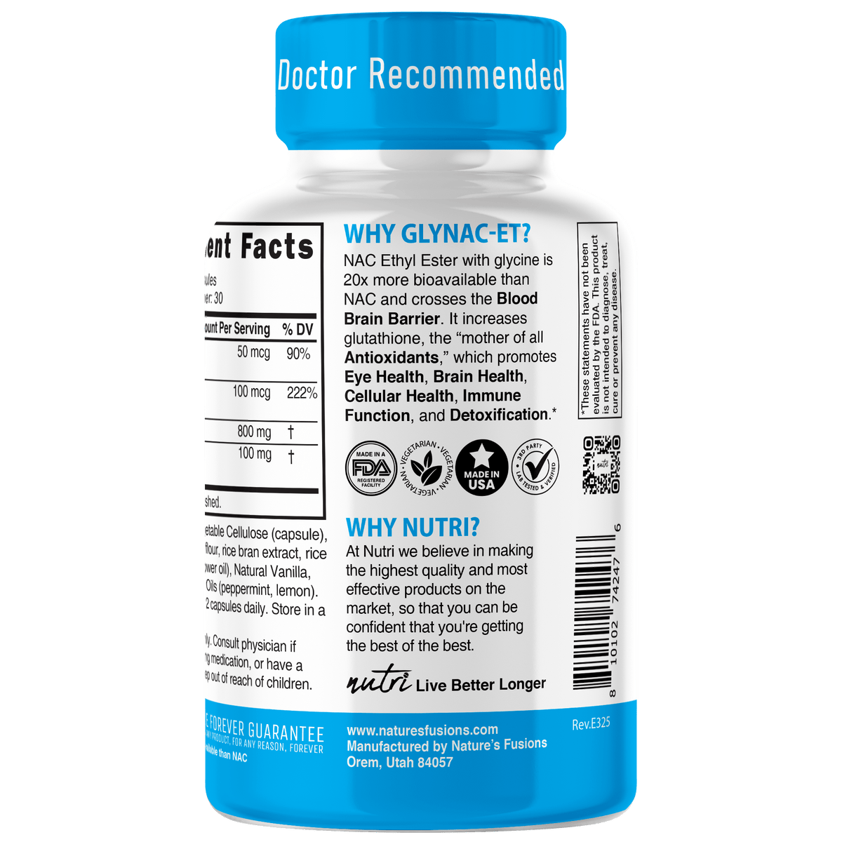 Nutri GlyNACET 100 mg (Glycine w/ NAC Ethyl Ester, molybdenum & selenium) 800/100 mg - 60 Count
