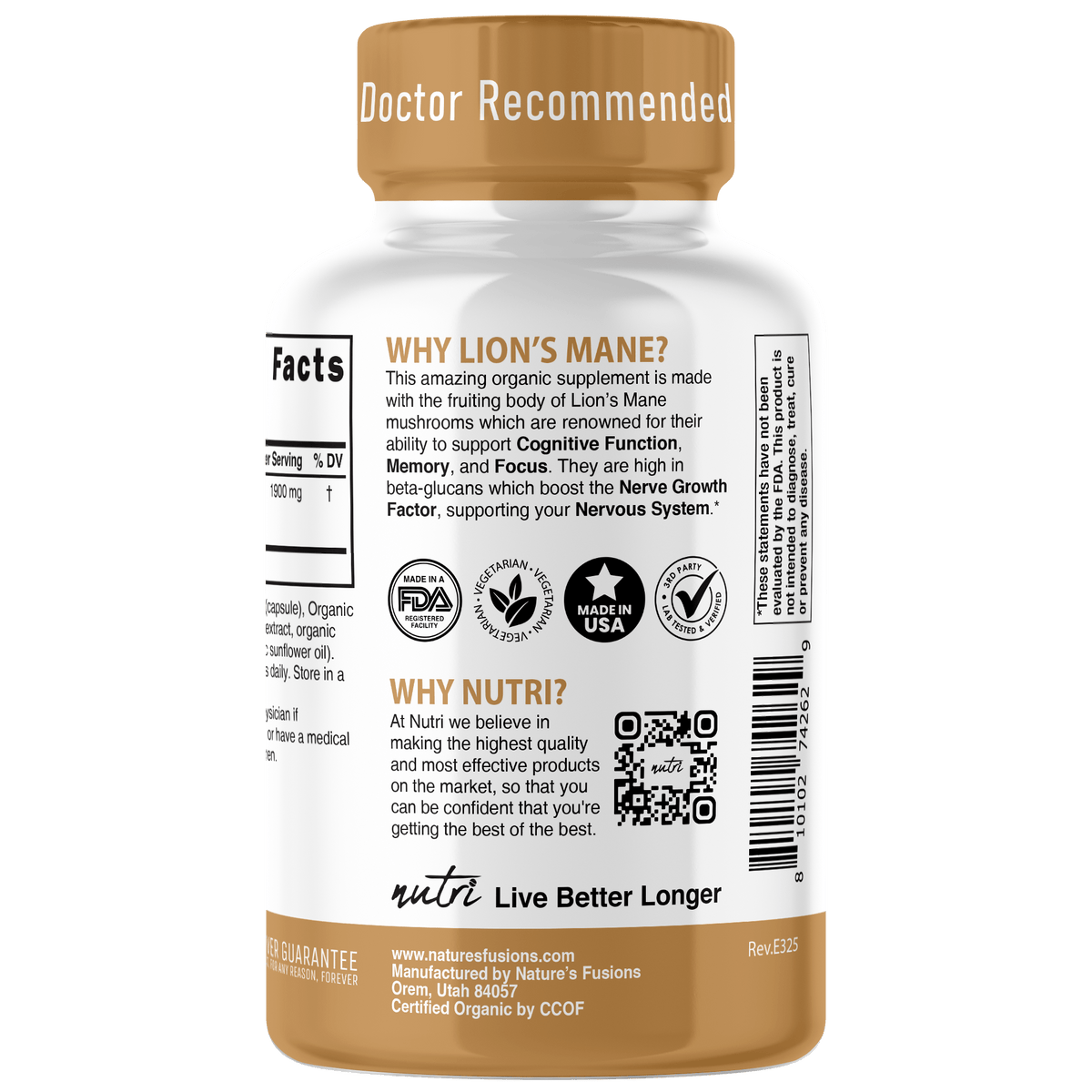 Nutri Lion - Mane Extract 1900 mg - 120 Count - Organic