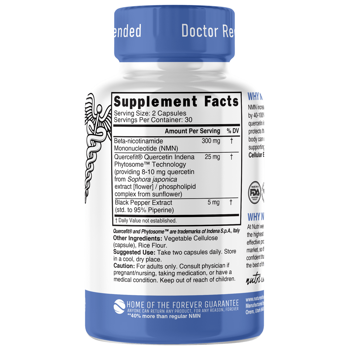 Nutri NMN 300 mg Nicotinamide Mononucleotide with Quercefit & Black Pepper - 60 Count