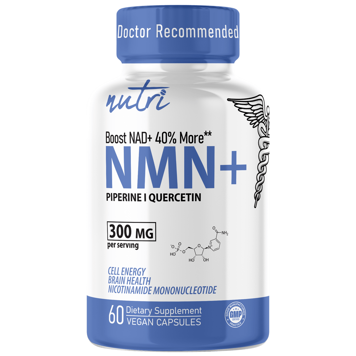 Nutri NMN 300 mg Nicotinamide Mononucleotide with Quercefit & Black Pepper - 60 Count