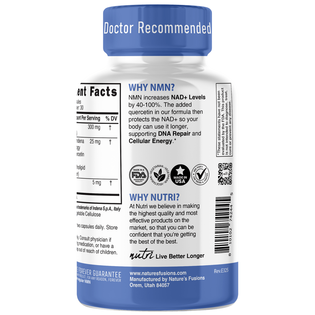 Nutri NMN 300 mg Nicotinamide Mononucleotide with Quercefit & Black Pepper - 60 Count