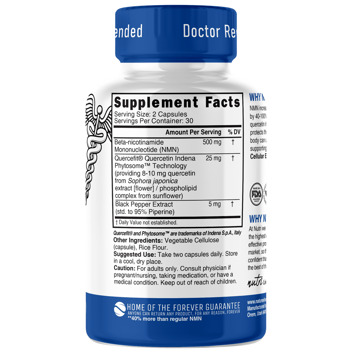 Nutri NMN 500 mg EXTRA STRENGTH Nicotinamide Mononucleotide with Quercefit & Black Pepper - 60 Count