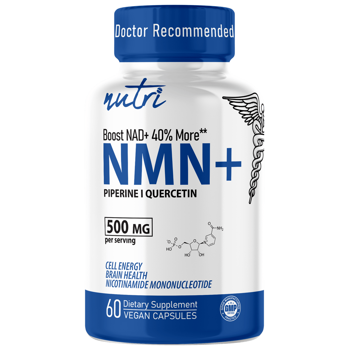 Nutri NMN 500 mg EXTRA STRENGTH Nicotinamide Mononucleotide with Quercefit & Black Pepper - 60 Count