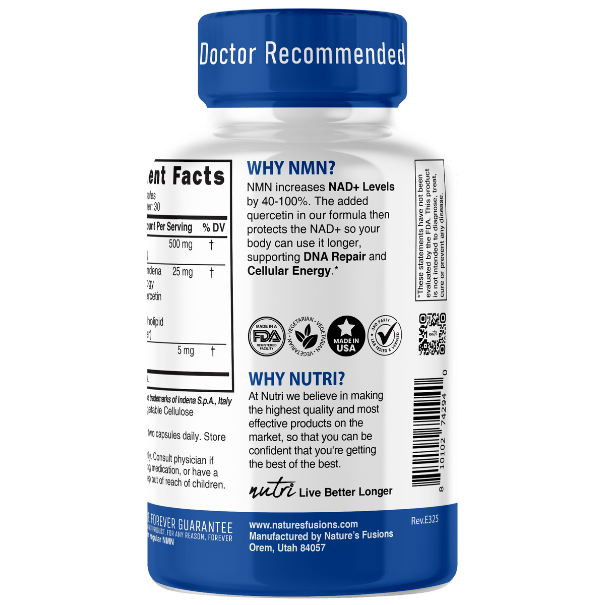 Nutri NMN 500 mg EXTRA STRENGTH Nicotinamide Mononucleotide with Quercefit & Black Pepper - 60 Count