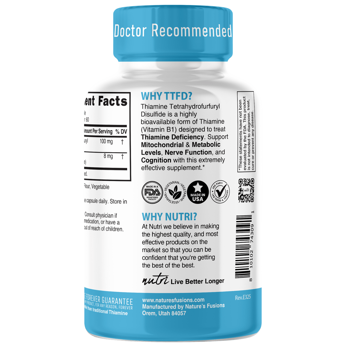 Nutri TTFD Thiamine B1 Supplement - 100mg 60ct - Thiamine Tetrahydrofurfuryl Disulfide