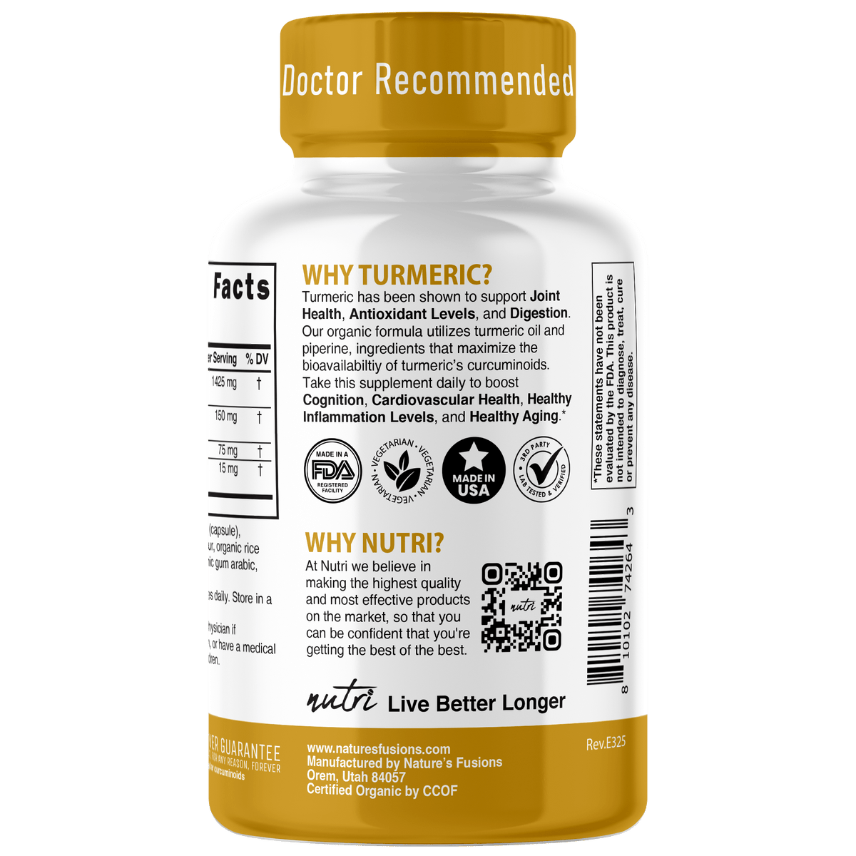 Nutri Turmeric Curcumin+ with Ginger, Piperine & Turmeric Oil 1350 mg - 90 Count - Organic