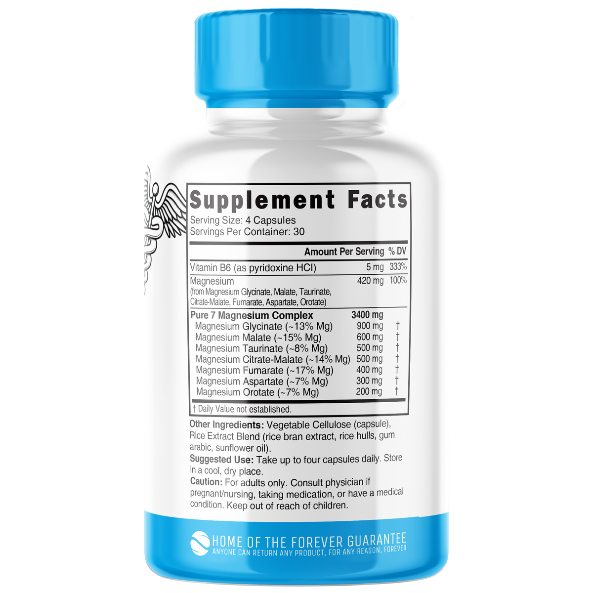Supplement bottle with blue cap and white label displaying 'Supplement Facts' on a white background