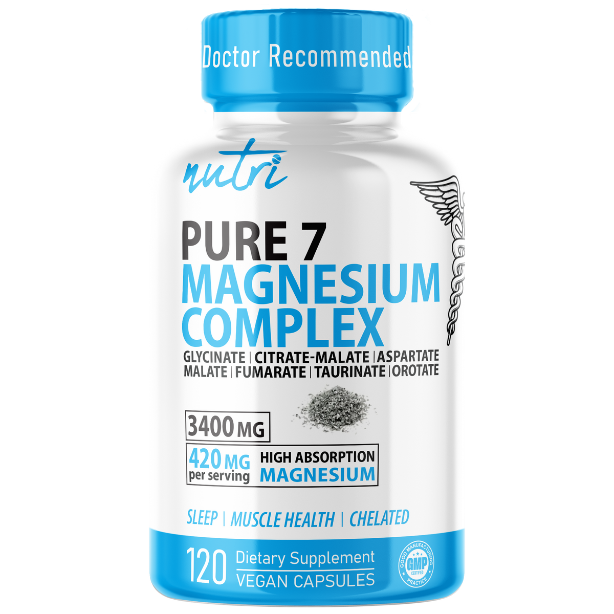 Supplement bottle labeled 'Pure 7 Magnesium Complex' with blue and white design on a white background.