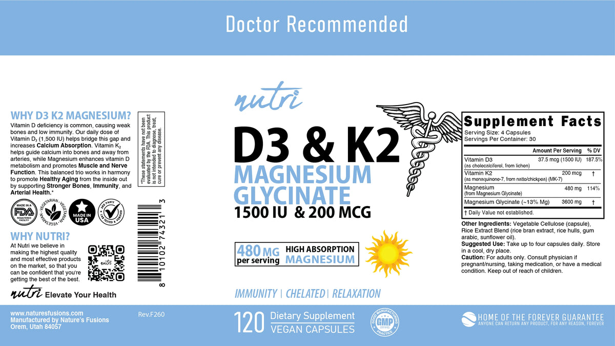 Nutri D3 & K2 Magnesium Glycinate (High Absorption) 480 mg - 120 Count