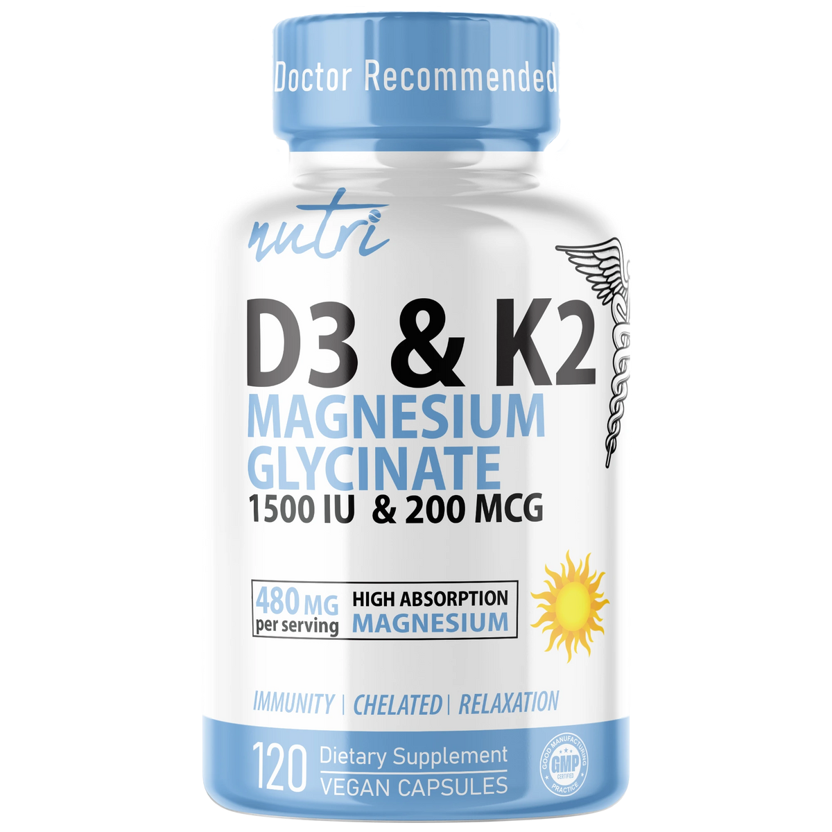 Nutri D3 & K2 Magnesium Glycinate (High Absorption) 480 mg - 120 Count