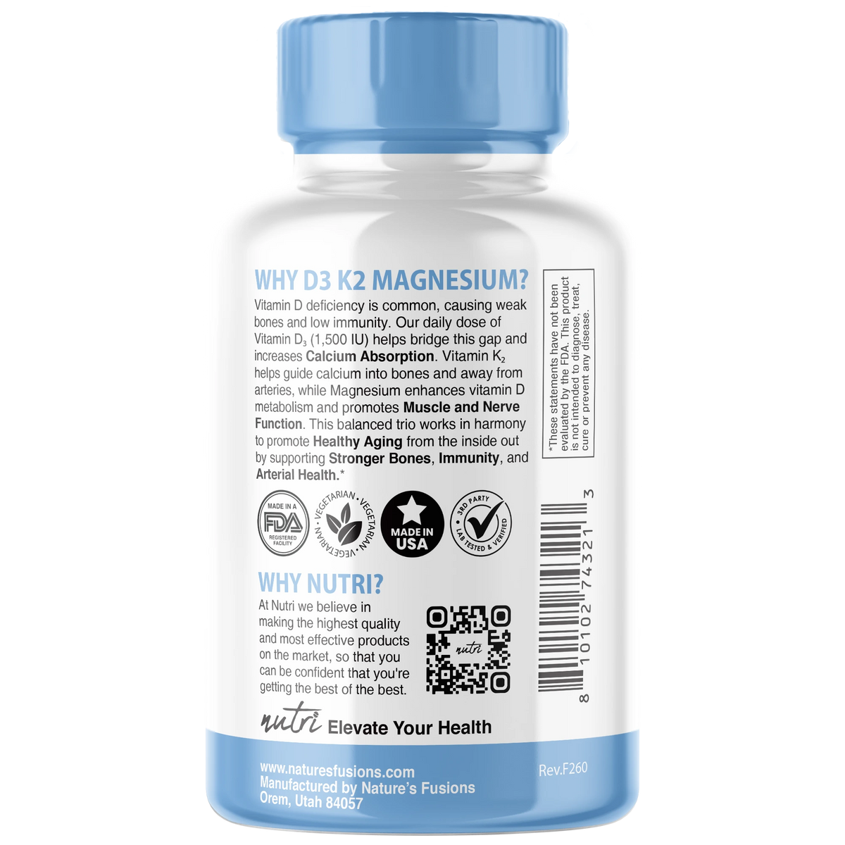 Nutri D3 & K2 Magnesium Glycinate (High Absorption) 480 mg - 120 Count