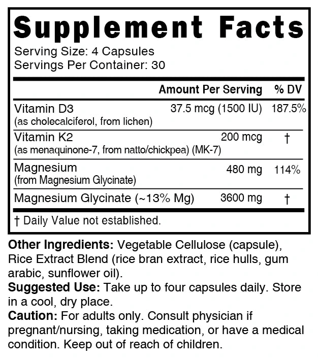 Nutri D3 & K2 Magnesium Glycinate (High Absorption) 480 mg - 120 Count