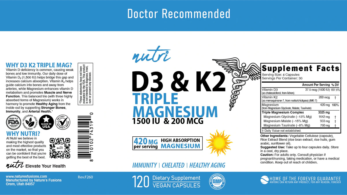 Nutri D3 & K2 Triple Magnesium (Glycinate, Malate, Taurinate) 420 mg - 120 Count