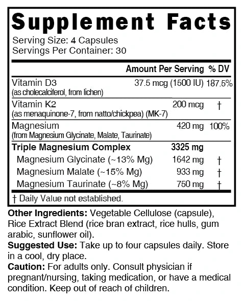 Nutri D3 & K2 Triple Magnesium (Glycinate, Malate, Taurinate) 420 mg - 120 Count