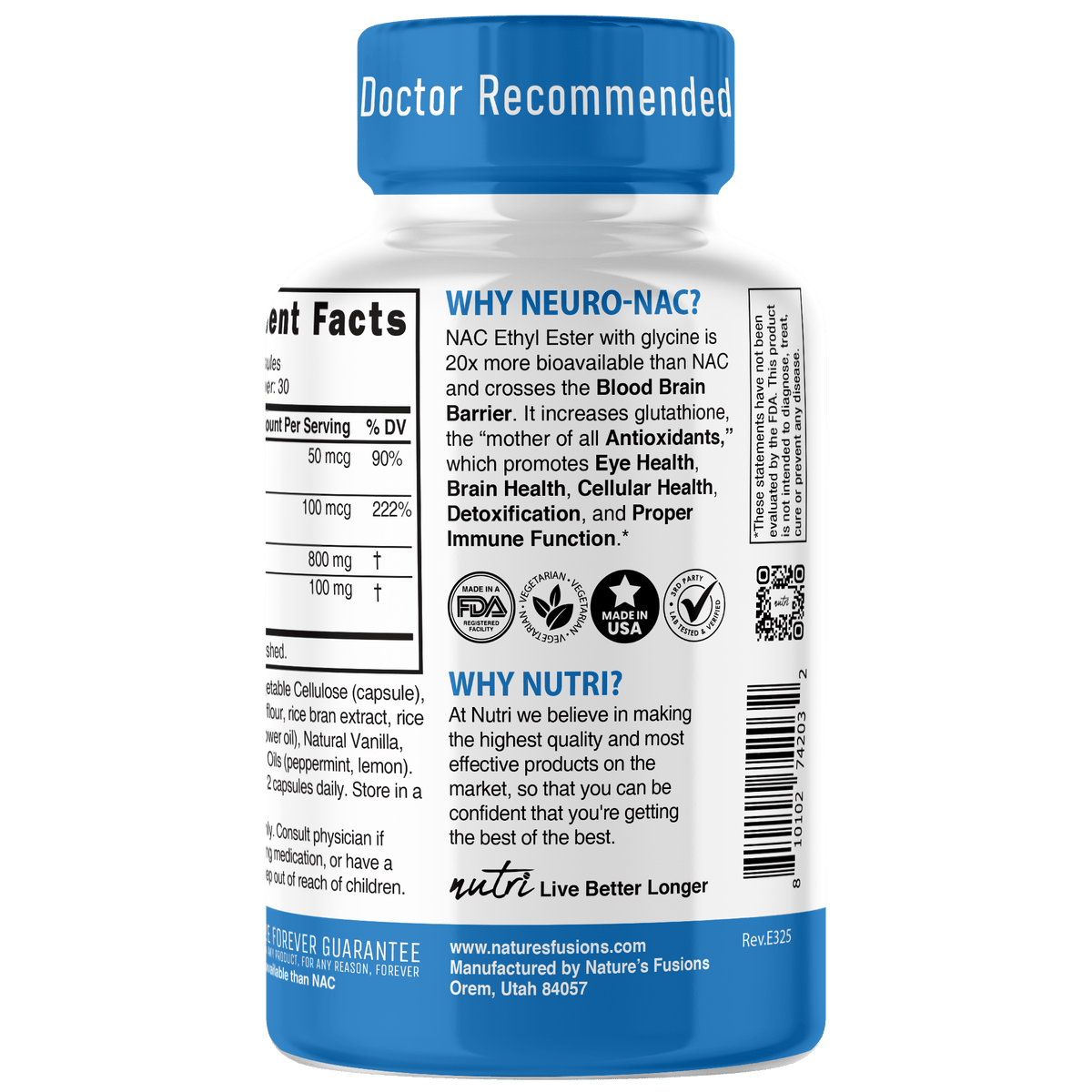 Nutri Neuro-NAC 100 mg (N-Acetyl L-Cysteine Ethyl Ester with glycine, molybdenum & selenium) 800/100 mg - 60 Count