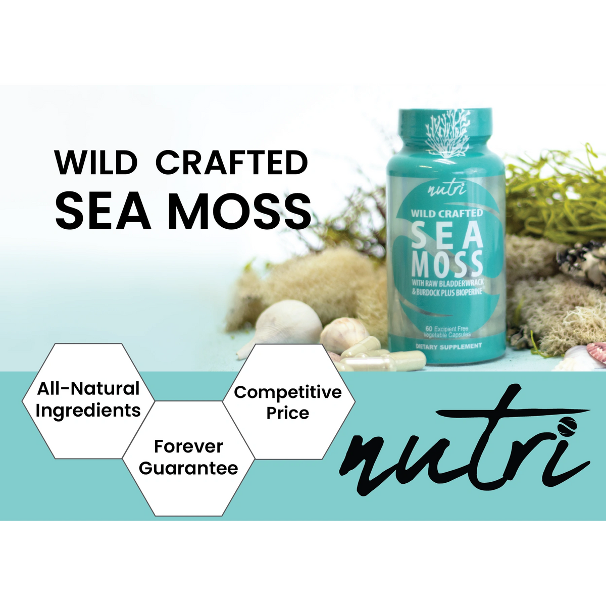 Nutri Sea Moss with Bladderwrack, Burdock & Black Pepper 1405 mg - 60 Count - Organic