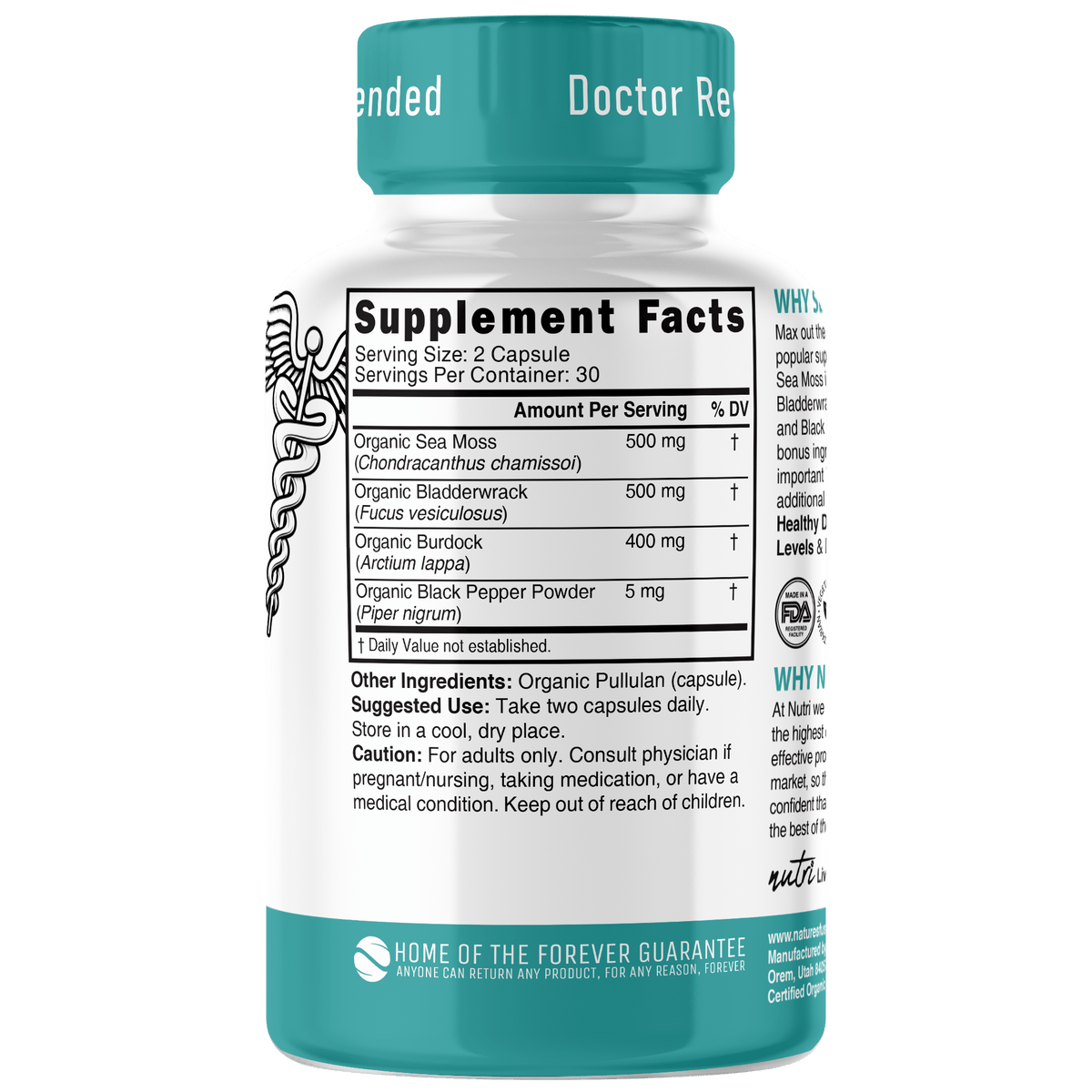 Nutri Sea Moss with Bladderwrack, Burdock & Black Pepper 1405 mg - 60 Count - Organic