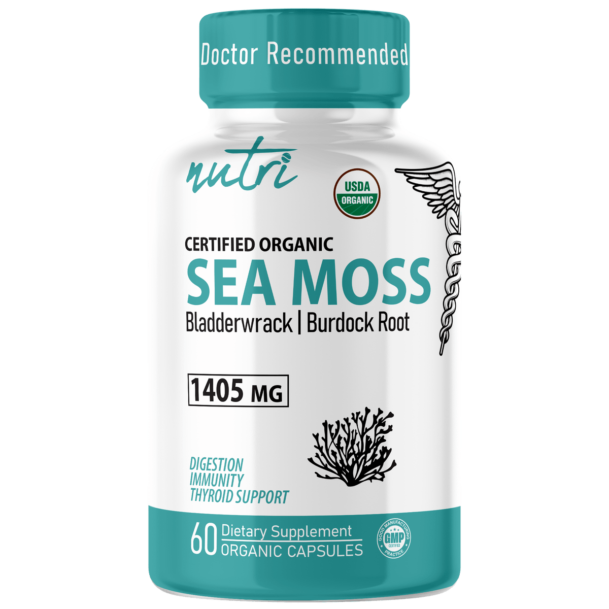 Nutri Sea Moss with Bladderwrack, Burdock & Black Pepper 1405 mg - 60 Count - Organic