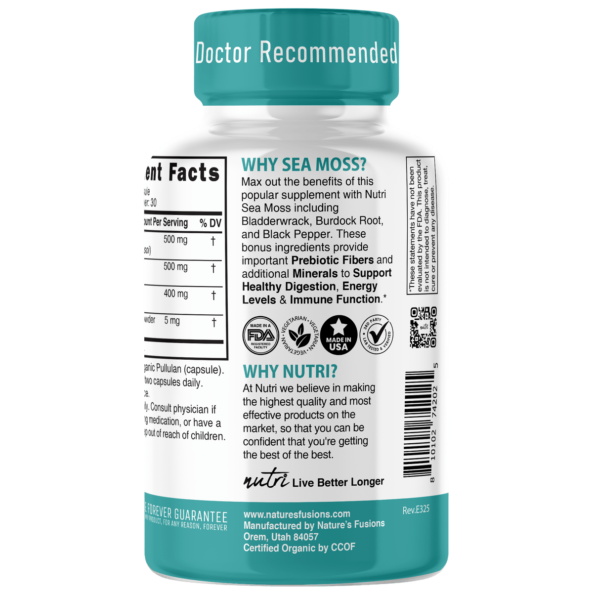 Nutri Sea Moss with Bladderwrack, Burdock & Black Pepper 1405 mg - 60 Count - Organic