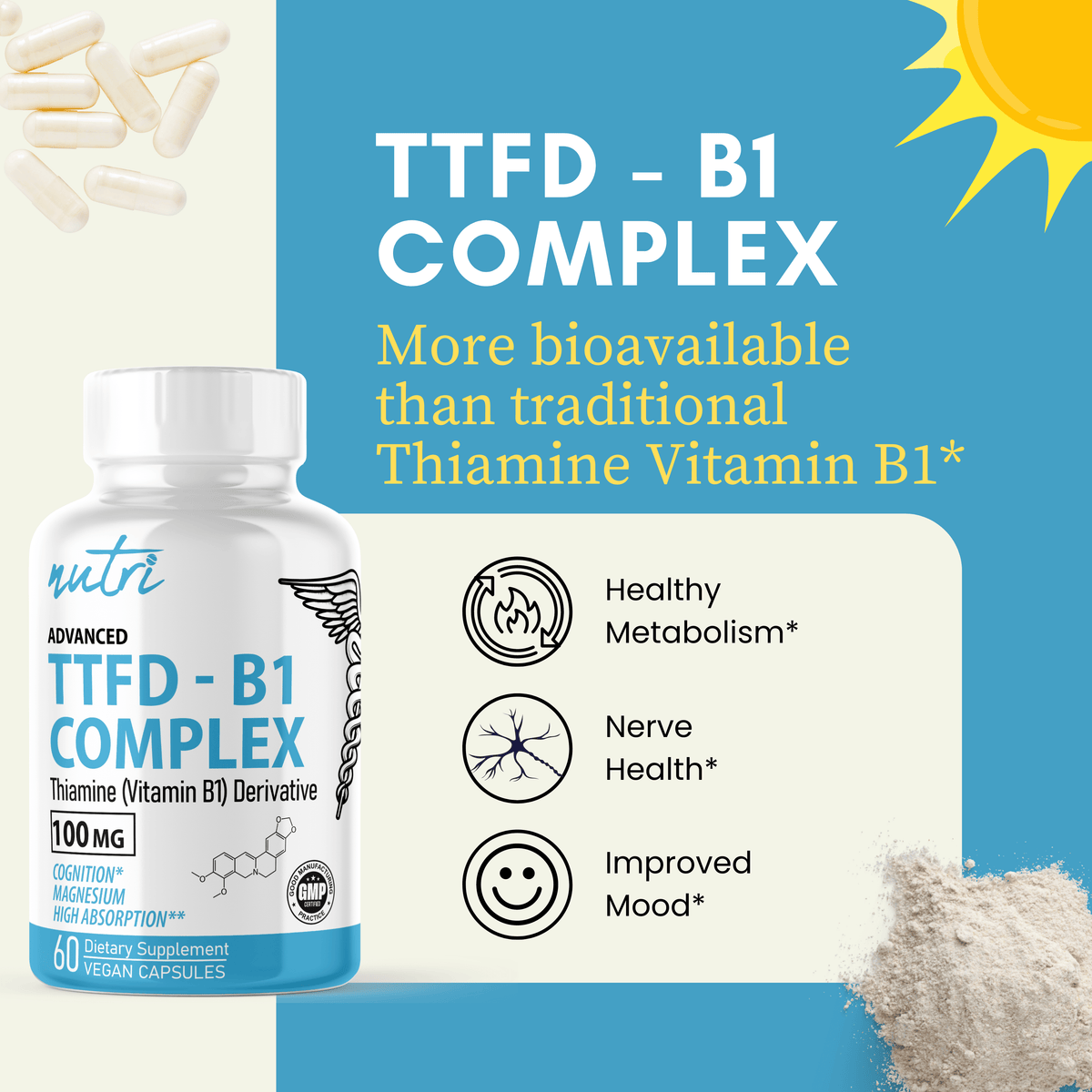 Nutri TTFD Thiamine B1 Supplement - 100mg 60ct - Thiamine Tetrahydrofurfuryl Disulfide