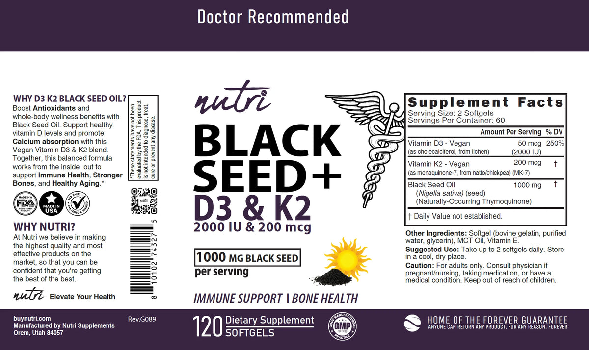Nutri D3 & K2 Black Seed Oil 1000 mg full label layflat
