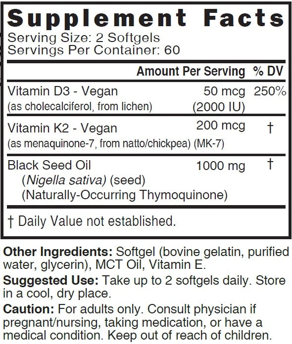 Nutri D3 & K2 Black Seed Oil 1000 mg Supplement Facts panel
