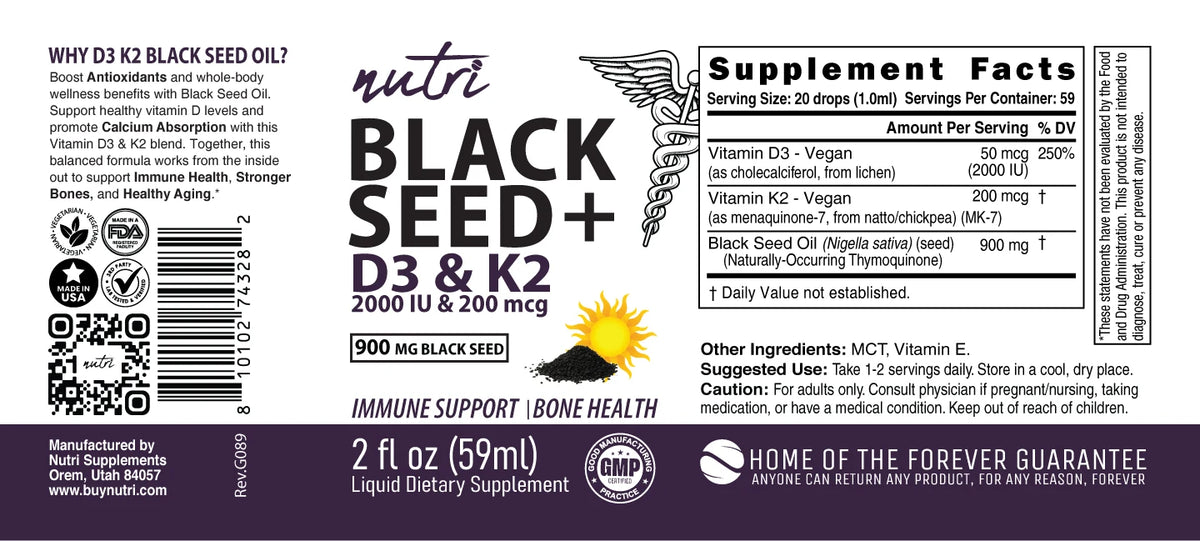 Nutri D3 & K2 Black Seed Oil 900 mg Tincture full label layflat