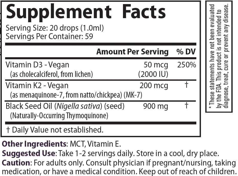 Nutri D3 & K2 Black Seed Oil 900 mg Tincture Supplement Facts panel