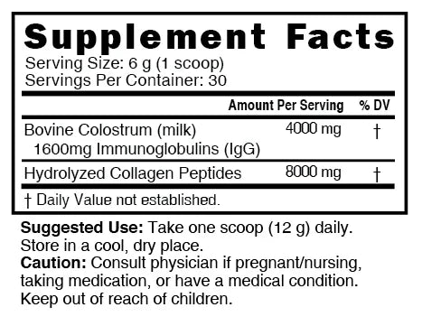 Nutri Colostrum + Collagen Supplement Facts panel