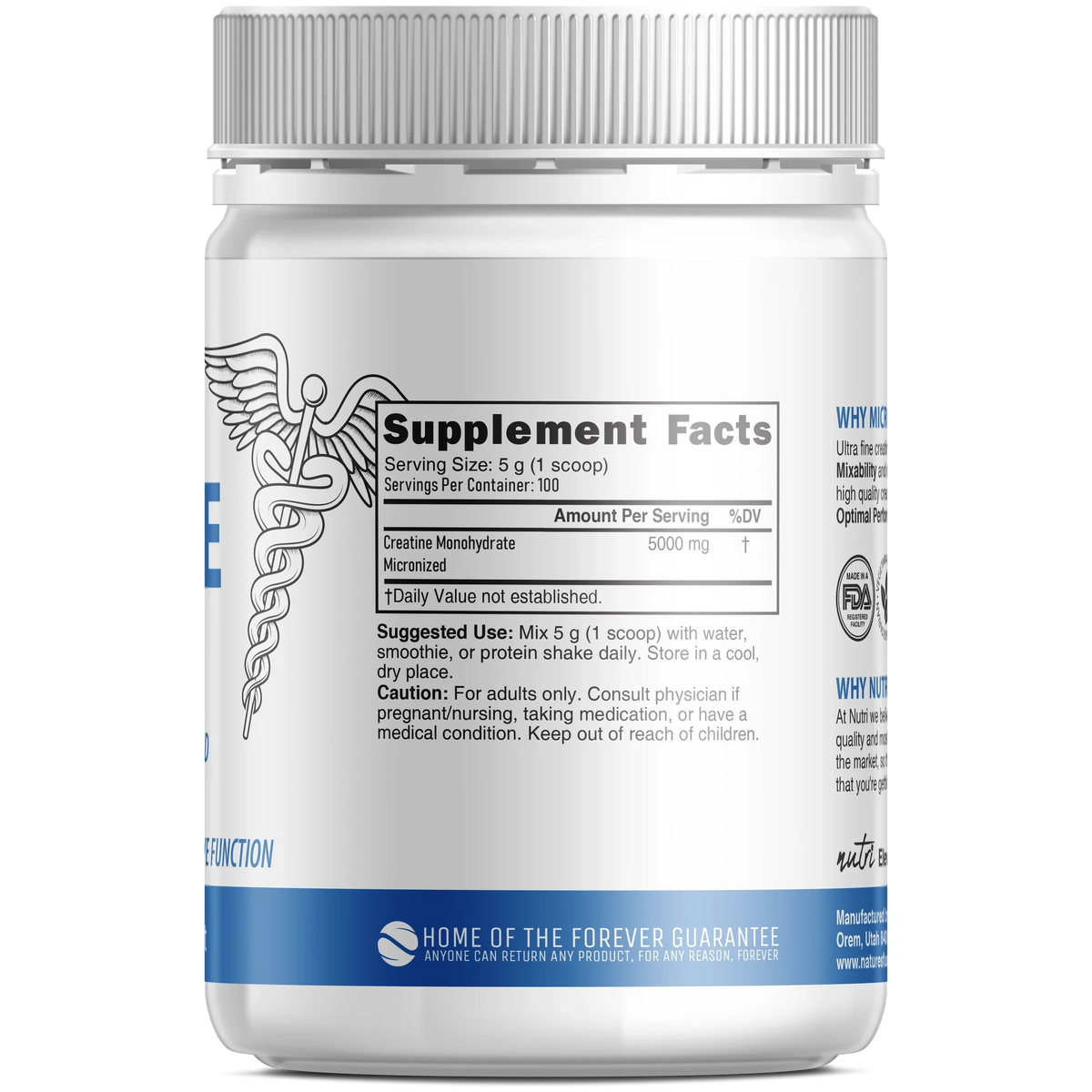Nutri Creatine 5000mg supplement facts back label
