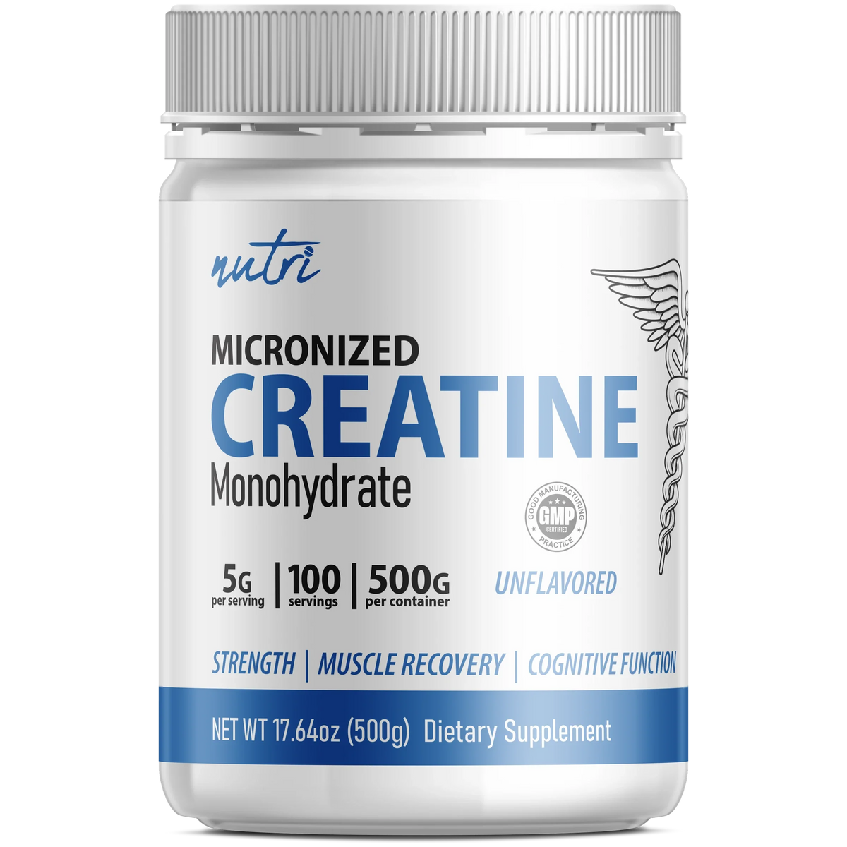 Nutri Creatine 5000mg powder tub front label