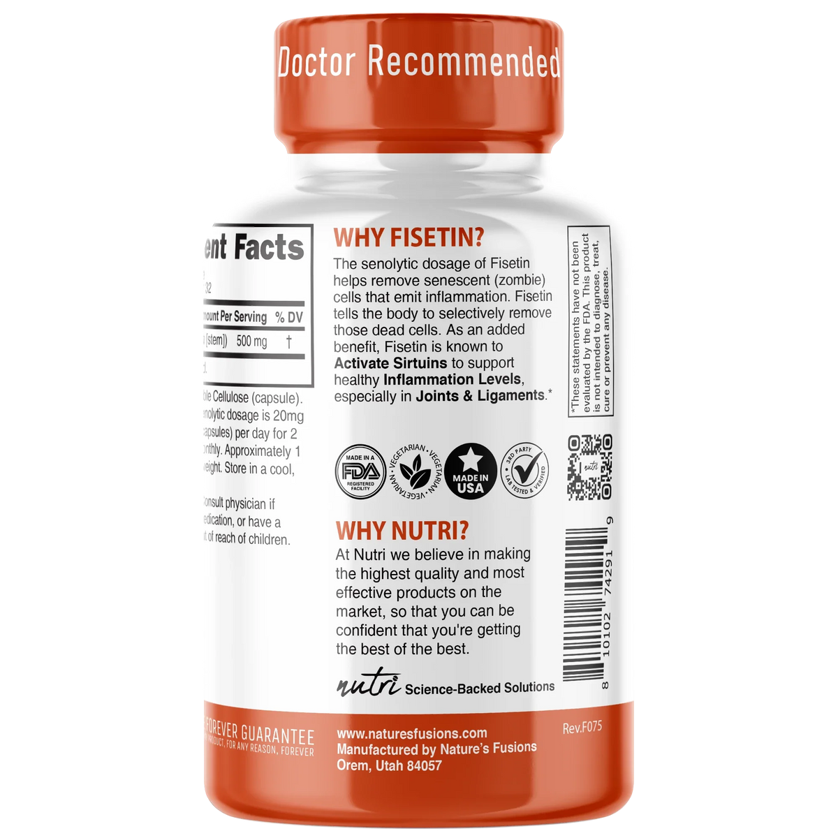 Nutri Fisetin 500mg 32 count bottle side label