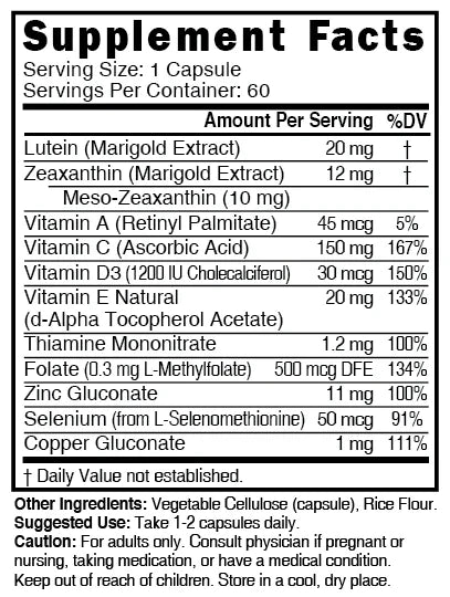 Nutri Lutein Zeaxanthin Mesozeaxanthin Supplement Facts panel
