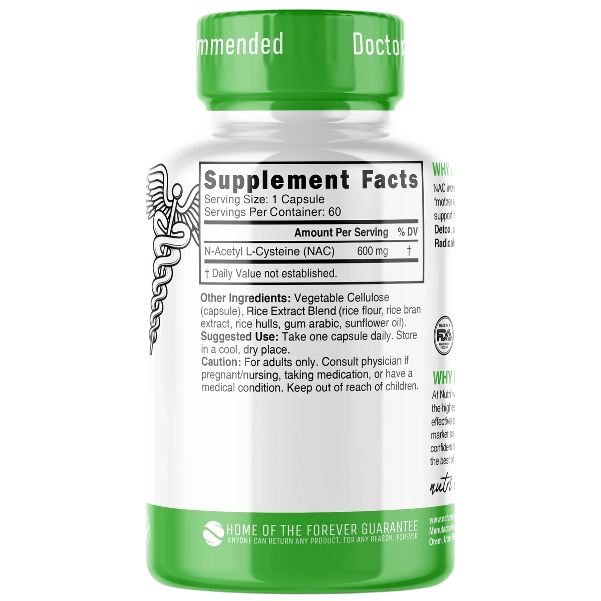 Nutri NAC 600 mg back label