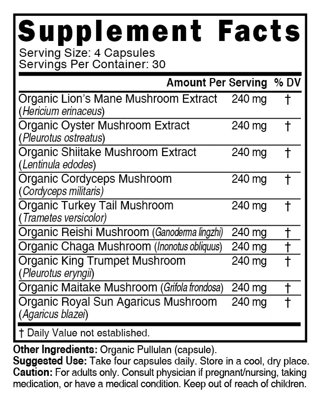 Nutri 10 Mushroom Organic Supplement Facts panel