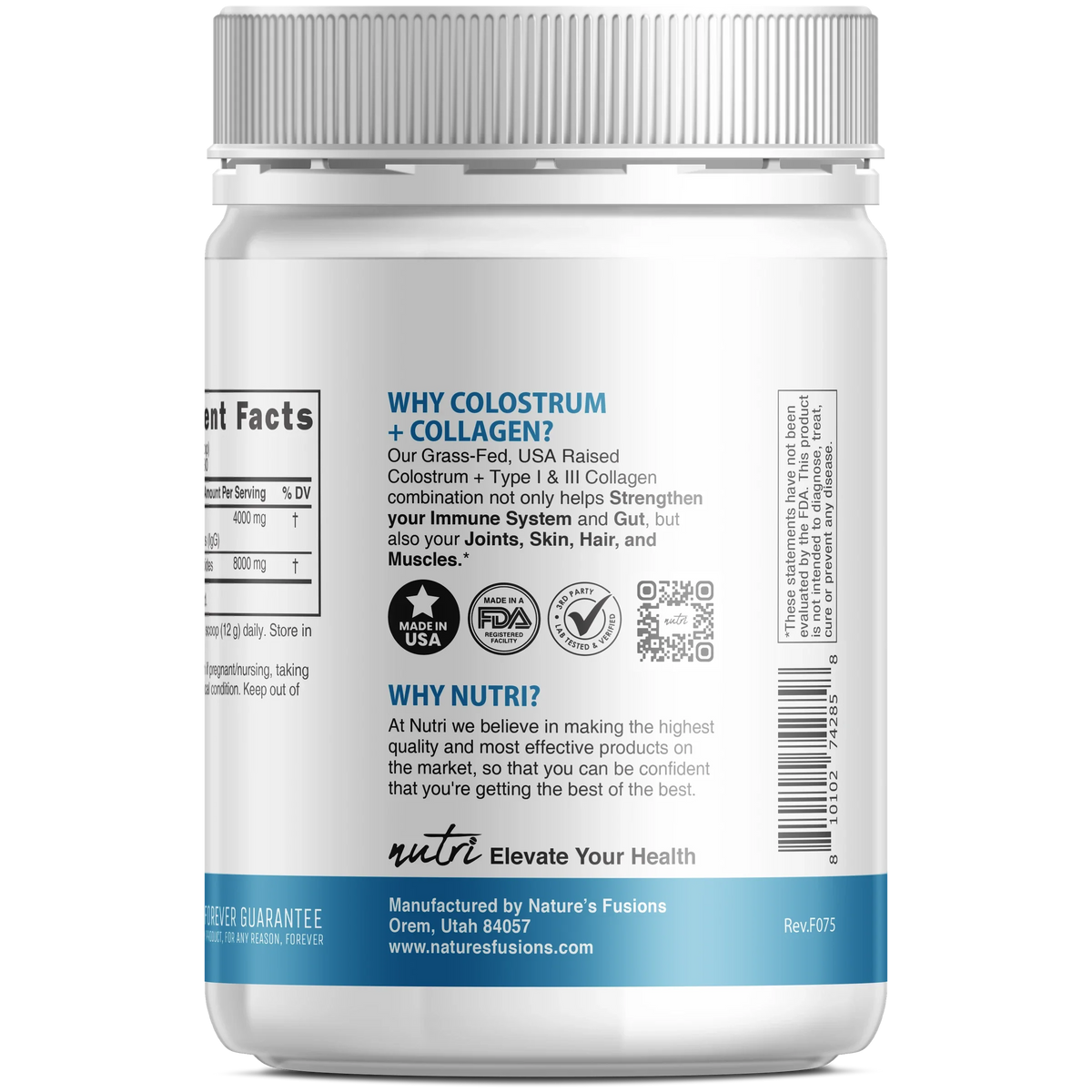Nutri Colostrum + Collagen powder tub side label