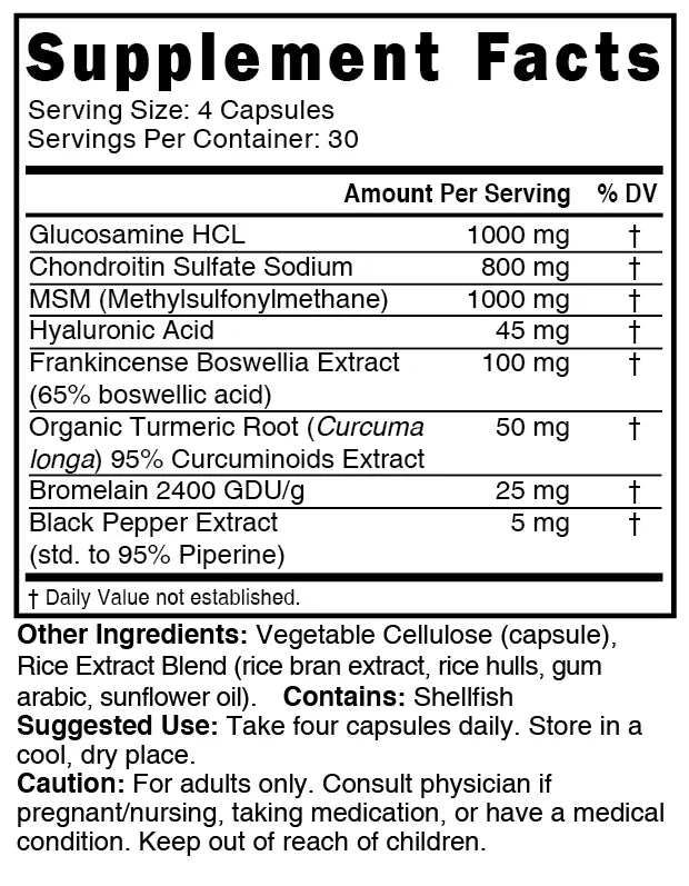 Nutri Glucosamine Chondroitin Joint Complex Supplement Facts panel