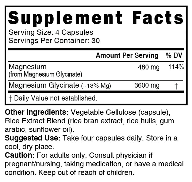 Nutri Magnesium Glycinate 480mg Supplement Facts panel