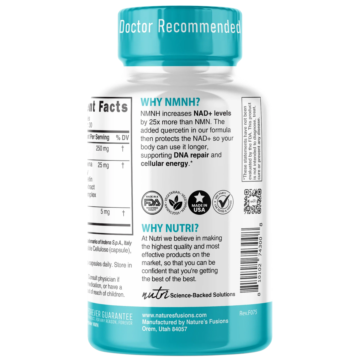 Nutri NMNH 250mg Max Strength bottle side label