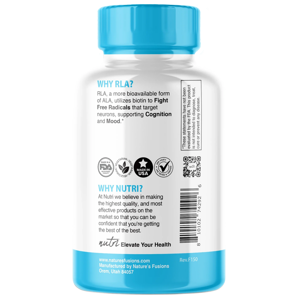 Nutri R Alpha Lipoic Acid+ 600mg bottle side label