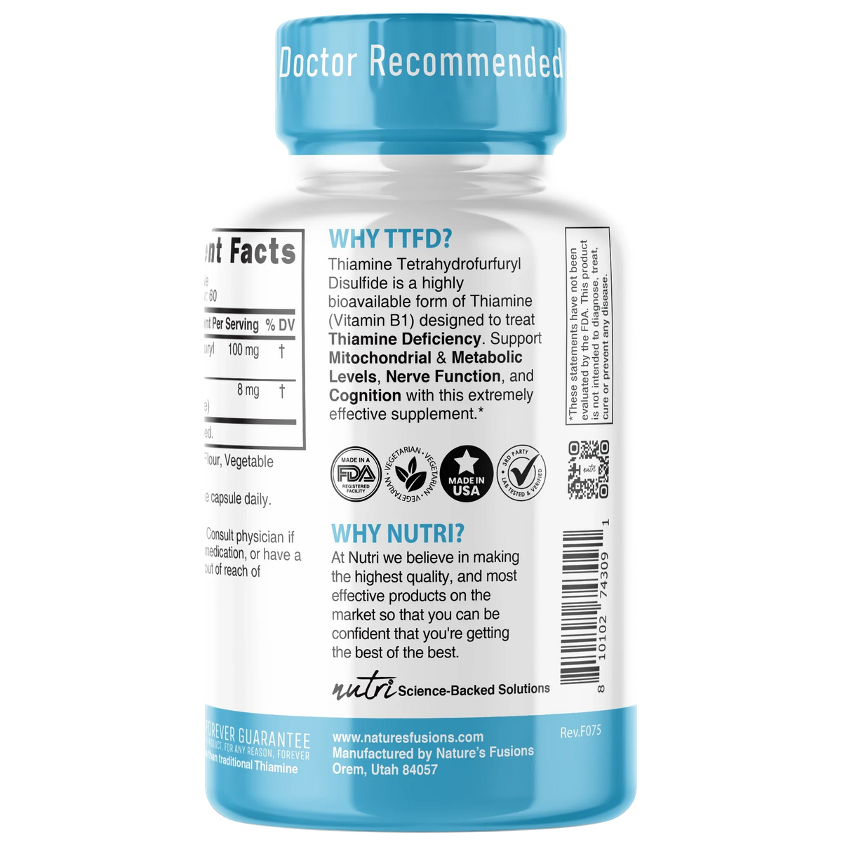 Nutri TTFD Thiamine B1 100mg bottle side panel