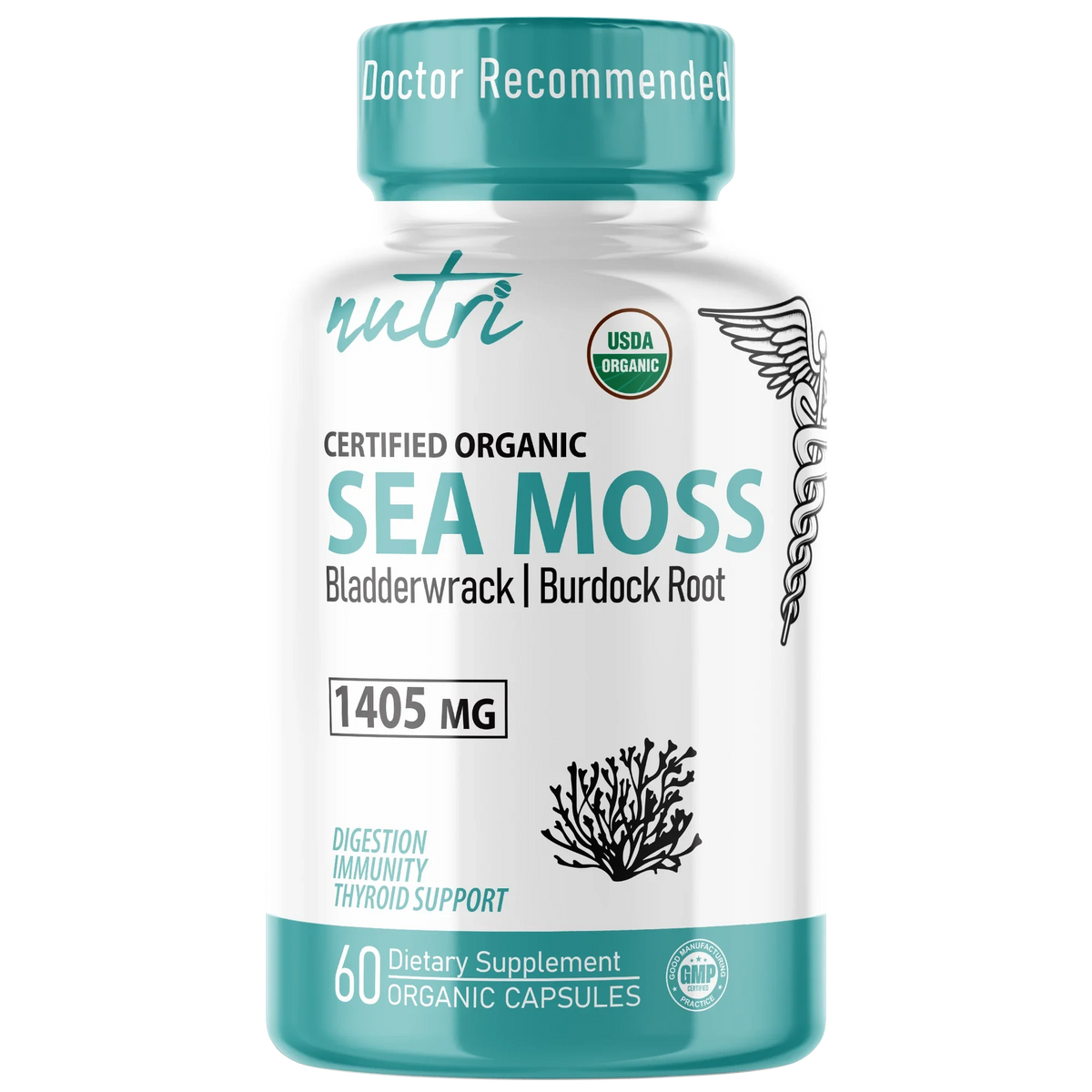 Nutri Sea Moss with Bladderwrack Burdock Black Pepper 1405mg bottle front