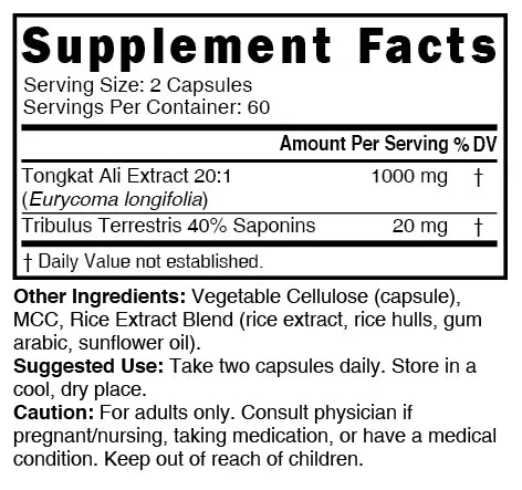 Nutri Tongkat Ali 1020mg Extra Strength Supplement Facts panel