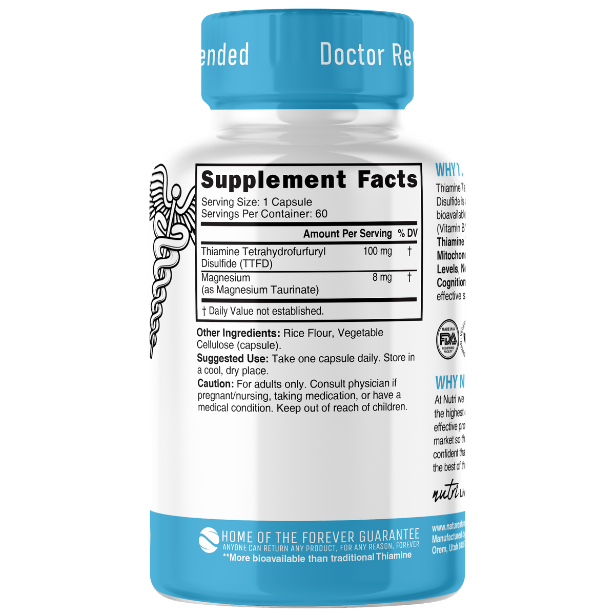 Nutri TTFD Thiamine B1 Supplement - 100mg 60ct - Thiamine Tetrahydrofurfuryl Disulfide